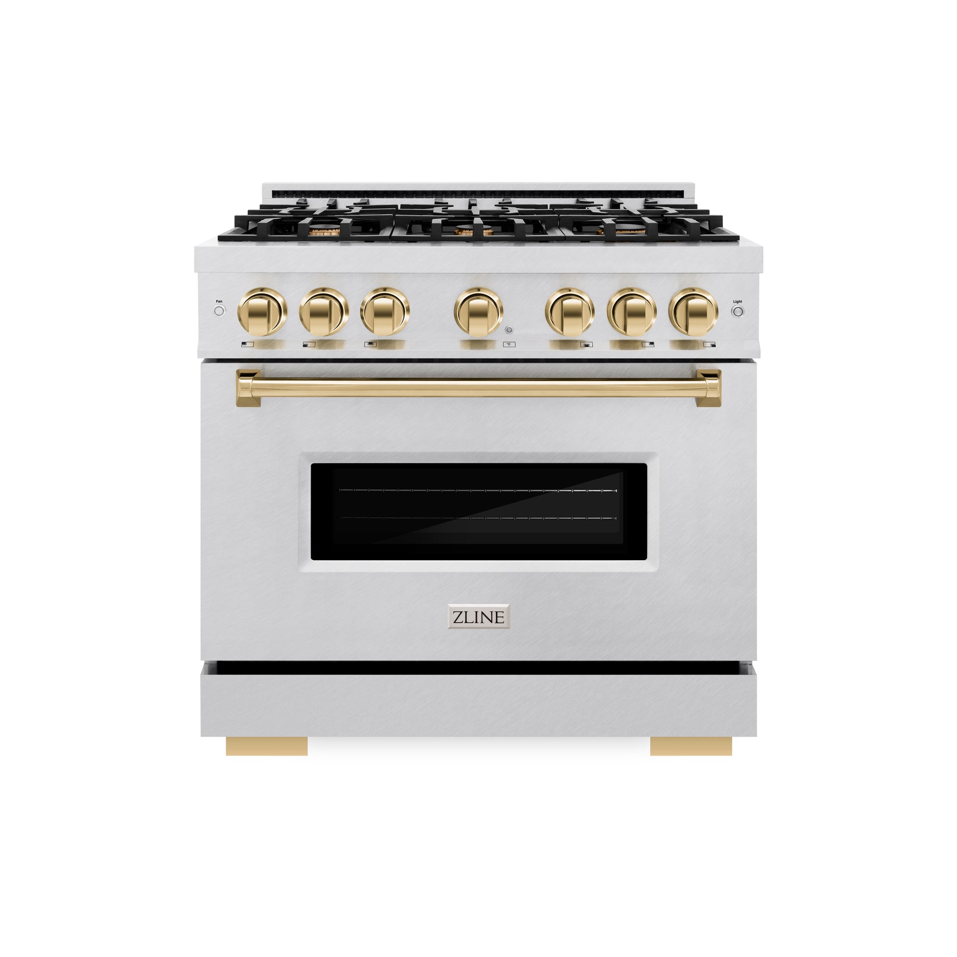 ZLINE Autograph Edition 36 in. 5.2 cu. ft. Classic Dual Fuel Range with 6 Burner Gas Cooktop and Electric Convection Oven in DuraSnow® Stainless Steel with Polished Gold Accents (CDRSZ-36-G) front.