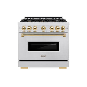 ZLINE Autograph Edition 36 in. 5.2 cu. ft. Classic Dual Fuel Range with 6 Burner Gas Cooktop and Electric Convection Oven in DuraSnow® Stainless Steel with Polished Gold Accents (CDRSZ-36-G) front.