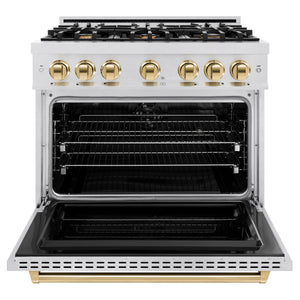 ZLINE Autograph Edition 36 in. 5.2 cu. ft. Classic Dual Fuel Range with 6 Burner Gas Cooktop and Electric Convection Oven in DuraSnow® Stainless Steel with Polished Gold Accents (CDRSZ-36-G) front, open.