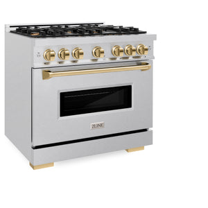 ZLINE Autograph Edition 36 in. 5.2 cu. ft. Classic Dual Fuel Range with 6 Burner Gas Cooktop and Electric Convection Oven in DuraSnow® Stainless Steel with Polished Gold Accents (CDRSZ-36-G) side, closed.