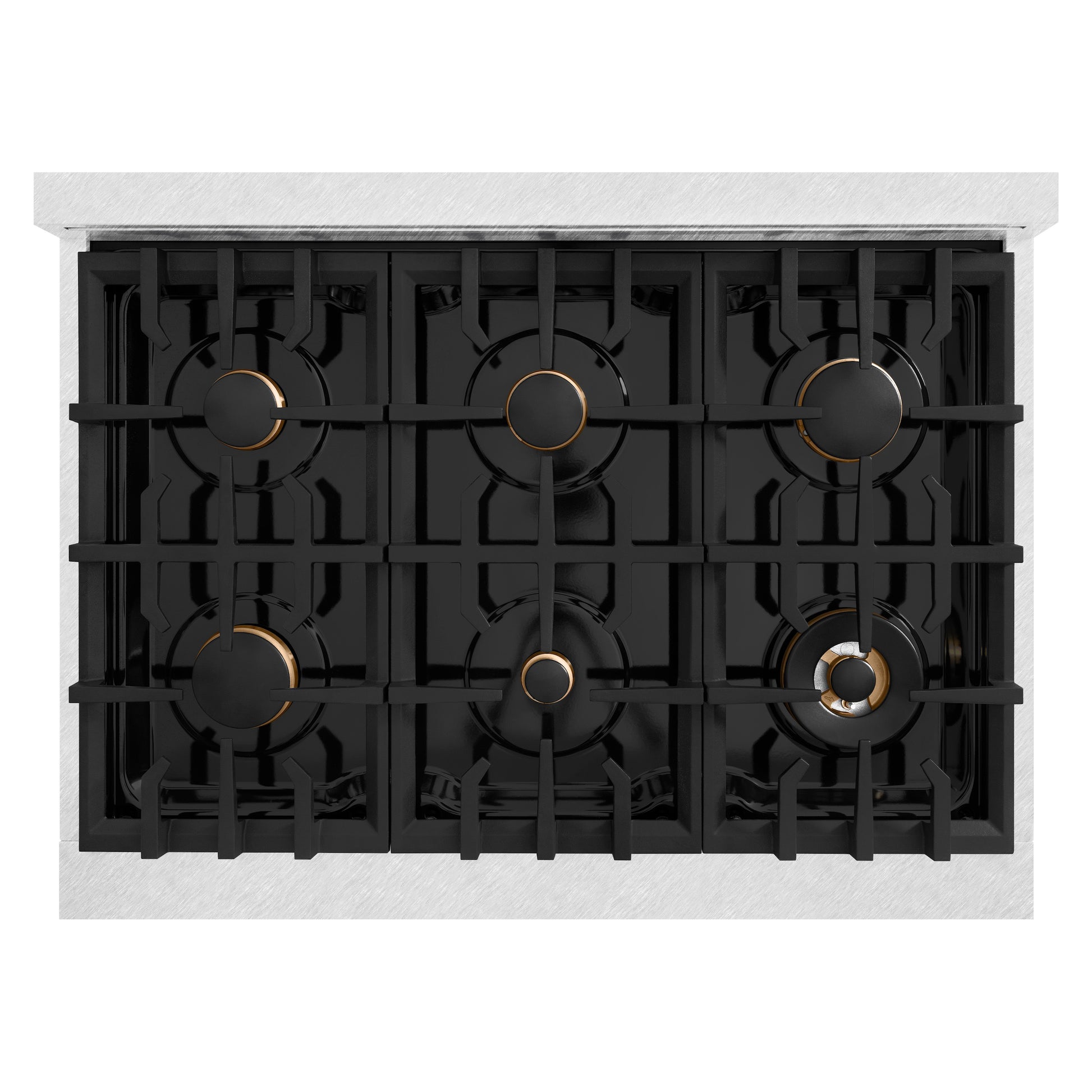 ZLINE Autograph Edition 36 in. 5.2 cu. ft. Classic Dual Fuel Range with 6 Burner Gas Cooktop and Electric Convection Oven in DuraSnow® Stainless Steel with Polished Gold Accents (CDRSZ-36-G) top-down, above cooktop.