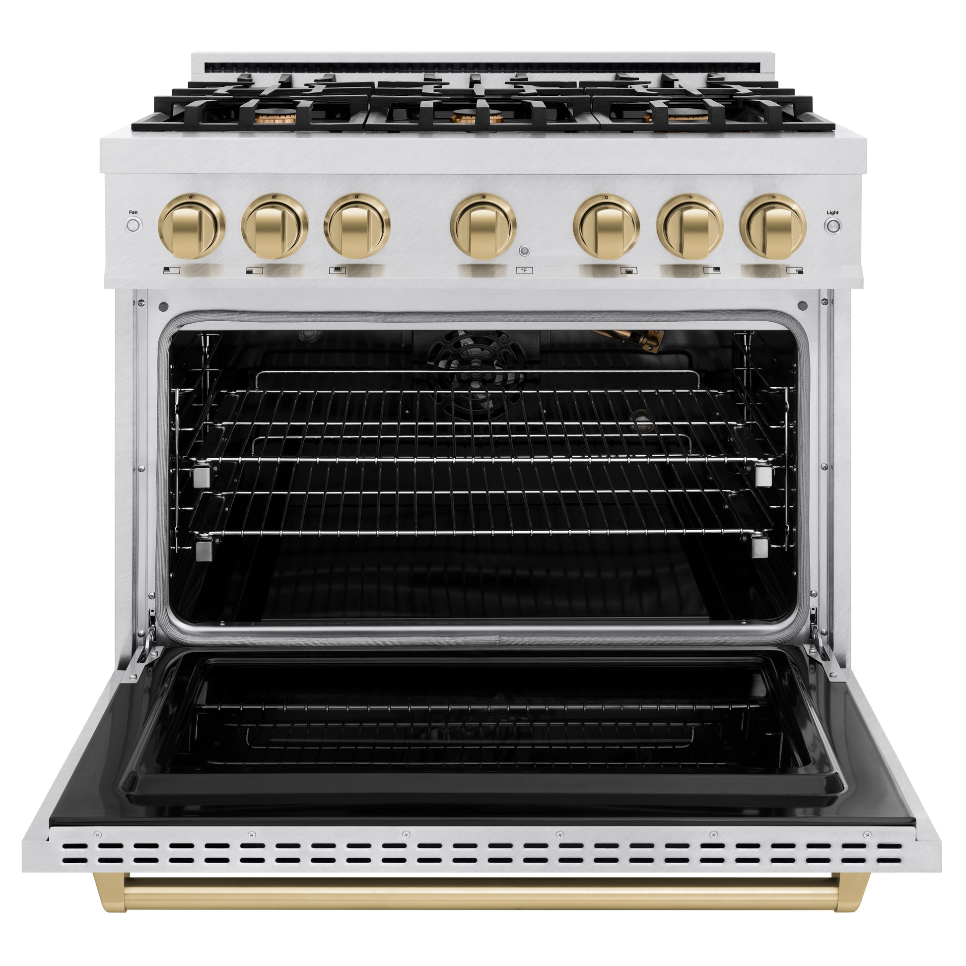 ZLINE Autograph Edition 36 in. 5.2 cu. ft. Classic Gas Range with 6 Burner Cooktop and Convection Gas Oven in DuraSnow® Stainless Steel and Champagne Bronze Accents (CGRSZ-36-CB) front, open.