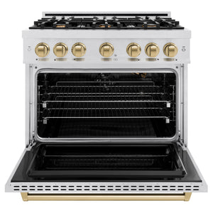 ZLINE Autograph Edition 36 in. 5.2 cu. ft. Classic Gas Range with 6 Burner Cooktop and Convection Gas Oven in DuraSnow® Stainless Steel and Champagne Bronze Accents (CGRSZ-36-CB) front, open.