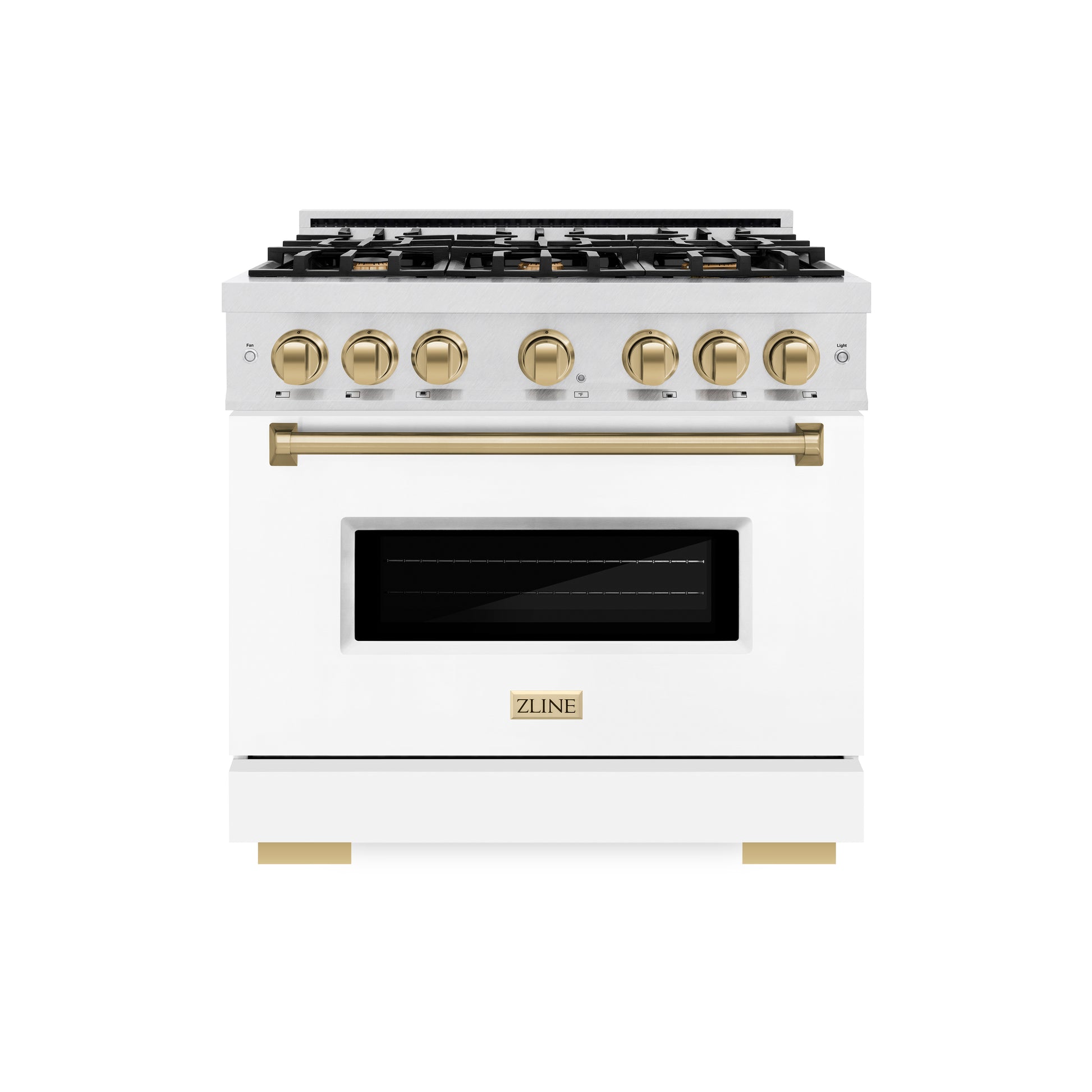 ZLINE Autograph Edition 36 in. 5.2 cu. ft. Classic Gas Range with 6 Burner Cooktop and Convection Gas Oven in DuraSnow® Stainless Steel with White Matte Door and Champagne Bronze Accents (CGRSZ-WM-36-CB) front.