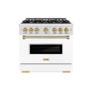 ZLINE Autograph Edition 36 in. 5.2 cu. ft. Classic Gas Range with 6 Burner Cooktop and Convection Gas Oven in DuraSnow® Stainless Steel with White Matte Door and Champagne Bronze Accents (CGRSZ-WM-36-CB) front.