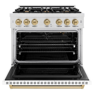 ZLINE Autograph Edition 36 in. 5.2 cu. ft. Classic Gas Range with 6 Burner Cooktop and Convection Gas Oven in DuraSnow® Stainless Steel with White Matte Door and Champagne Bronze Accents (CGRSZ-WM-36-CB) front, open.