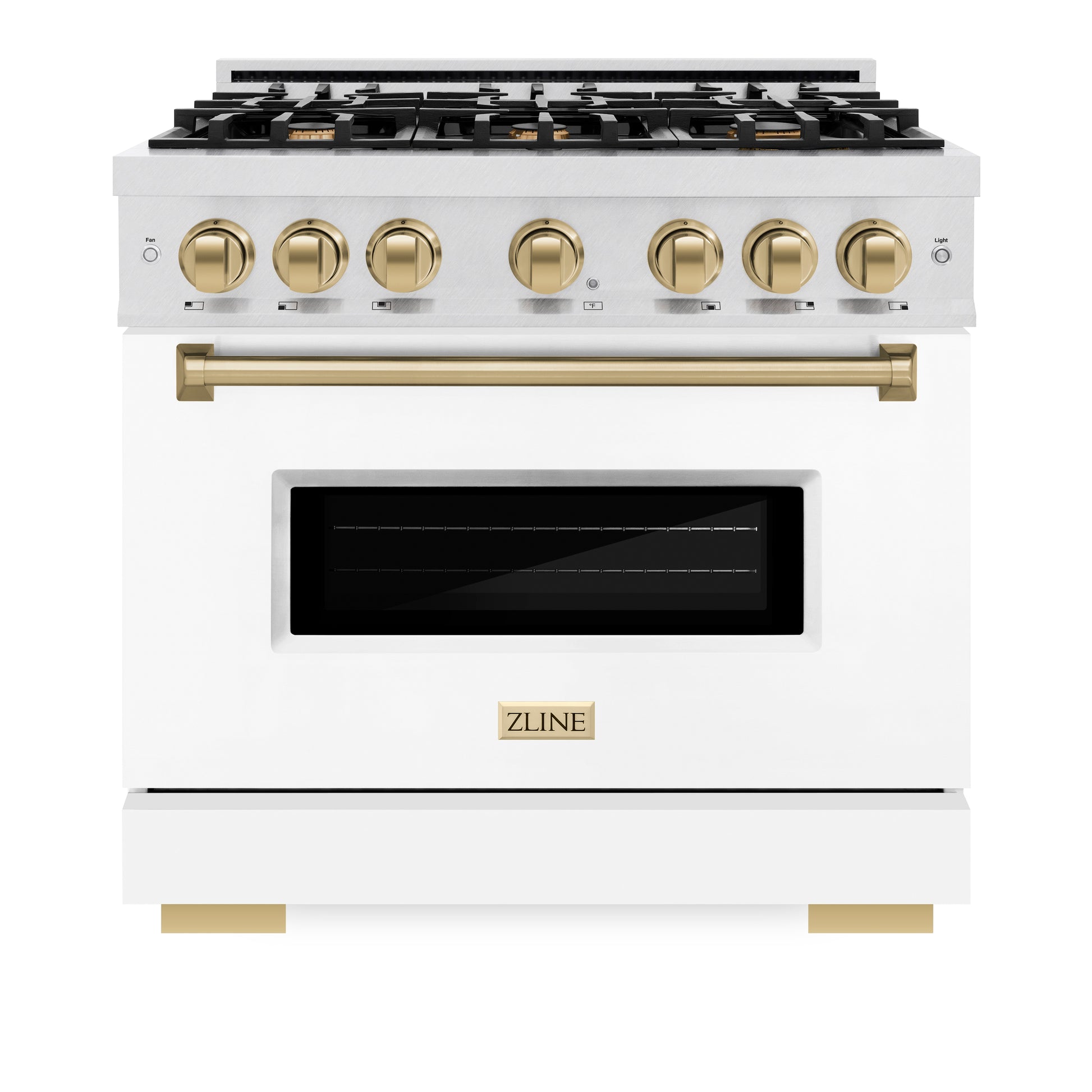 ZLINE Autograph Edition 36 in. 5.2 cu. ft. Classic Gas Range with 6 Burner Cooktop and Convection Gas Oven in DuraSnow® Stainless Steel with White Matte Door and Champagne Bronze Accents (CGRSZ-WM-36-CB) front, closed.