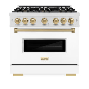 ZLINE Autograph Edition 36 in. 5.2 cu. ft. Classic Gas Range with 6 Burner Cooktop and Convection Gas Oven in DuraSnow® Stainless Steel with White Matte Door and Champagne Bronze Accents (CGRSZ-WM-36-CB) front, closed.