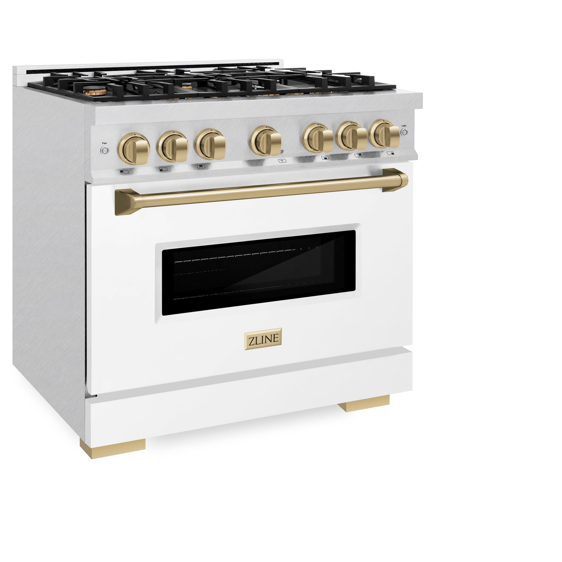 ZLINE Autograph Edition 36 in. 5.2 cu. ft. Classic Gas Range with 6 Burner Cooktop and Convection Gas Oven in DuraSnow® Stainless Steel with White Matte Door and Champagne Bronze Accents (CGRSZ-WM-36-CB) side, closed.