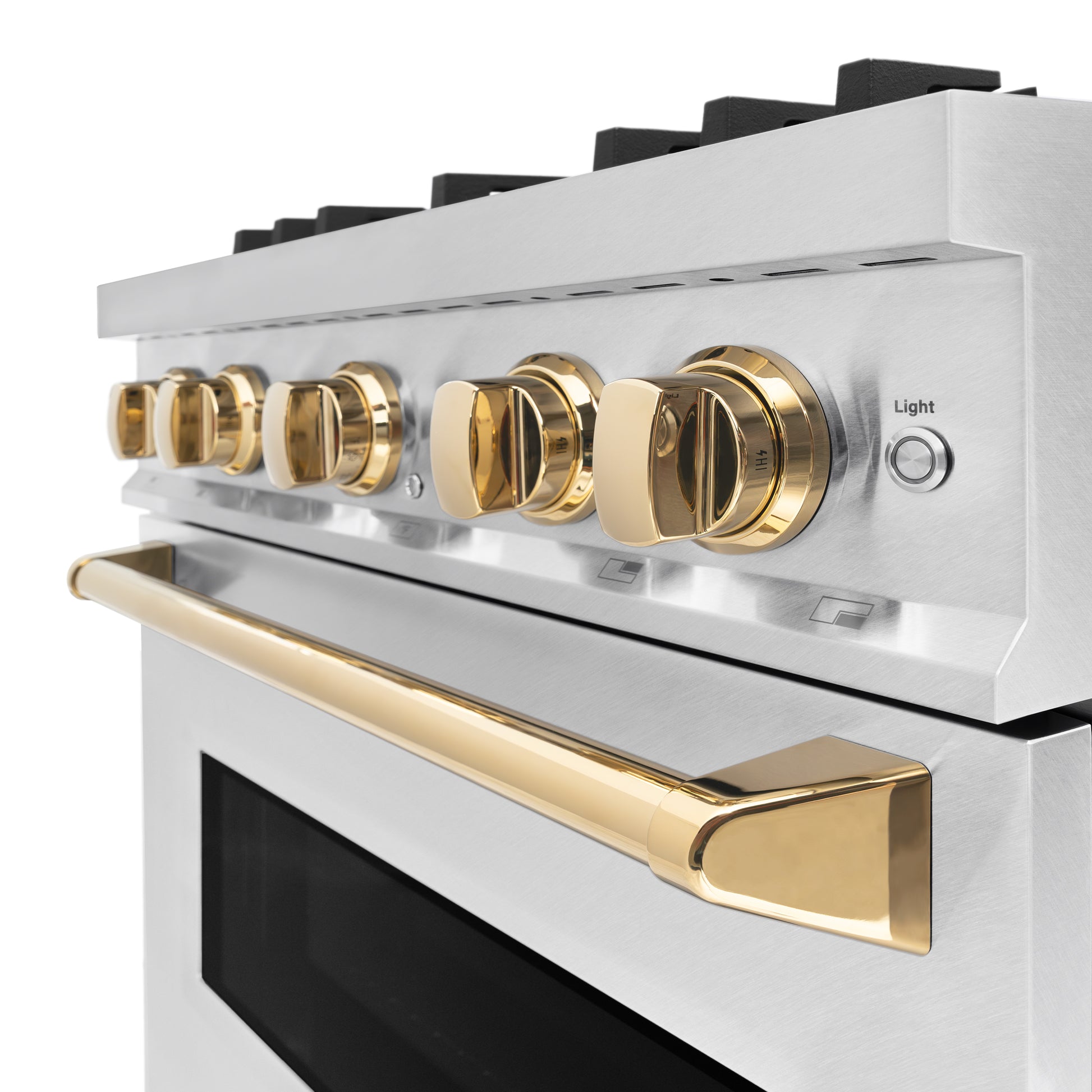 ZLINE Autograph Edition 30 in. 4.2 cu. ft. Classic Gas Range with 4 Burner Cooktop and Convection Gas Oven in DuraSnow® Stainless Steel and Polished Gold Accents (CGRSZ-30-G)