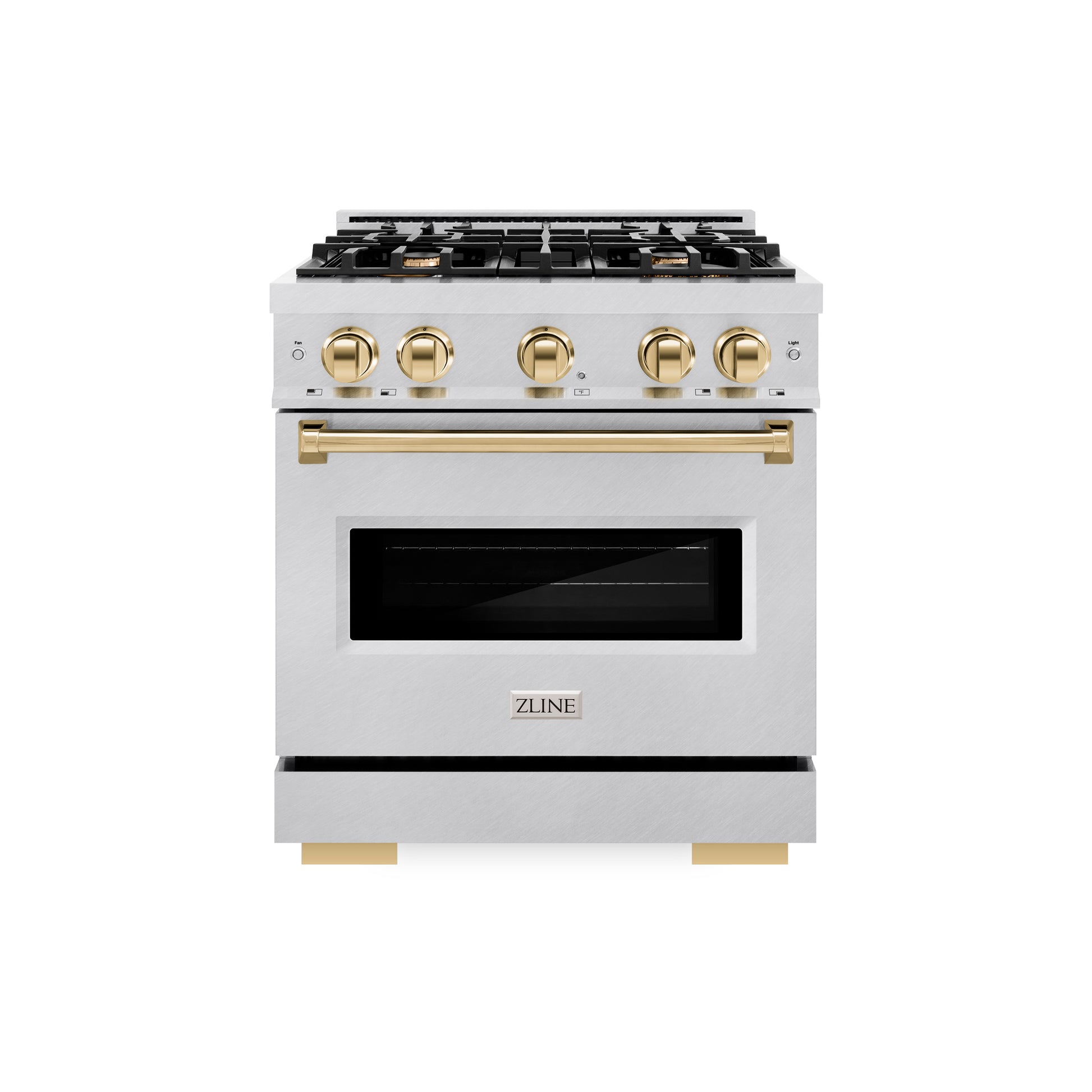 ZLINE Autograph Edition 30 in. 4.2 cu. ft. Classic Gas Range with 4 Burner Cooktop and Convection Gas Oven in DuraSnow® Stainless Steel and Polished Gold Accents (CGRSZ-30-G) front.