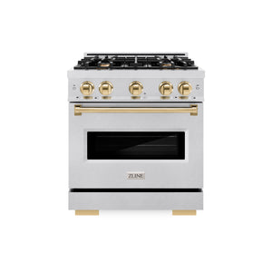 ZLINE Autograph Edition 30 in. 4.2 cu. ft. Classic Gas Range with 4 Burner Cooktop and Convection Gas Oven in DuraSnow® Stainless Steel and Polished Gold Accents (CGRSZ-30-G) front.