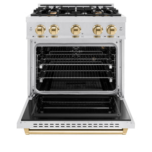 ZLINE Autograph Edition 30 in. 4.2 cu. ft. Classic Gas Range with 4 Burner Cooktop and Convection Gas Oven in DuraSnow® Stainless Steel and Polished Gold Accents (CGRSZ-30-G) front, open.