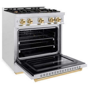 ZLINE Autograph Edition 30 in. 4.2 cu. ft. Classic Gas Range with 4 Burner Cooktop and Convection Gas Oven in DuraSnow® Stainless Steel and Polished Gold Accents (CGRSZ-30-G) side, open.