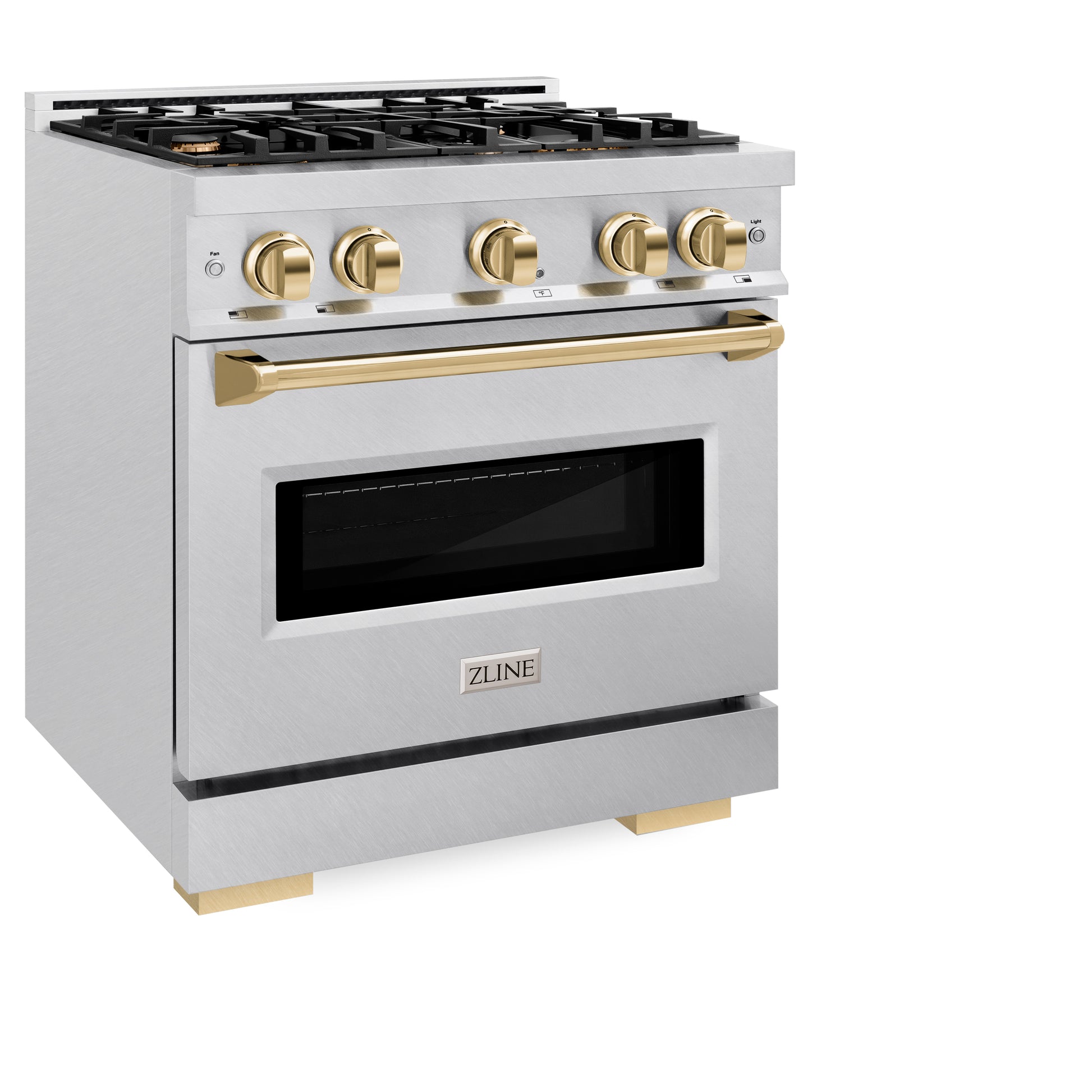 ZLINE Autograph Edition 30 in. 4.2 cu. ft. Classic Gas Range with 4 Burner Cooktop and Convection Gas Oven in DuraSnow® Stainless Steel and Polished Gold Accents (CGRSZ-30-G) side, closed.