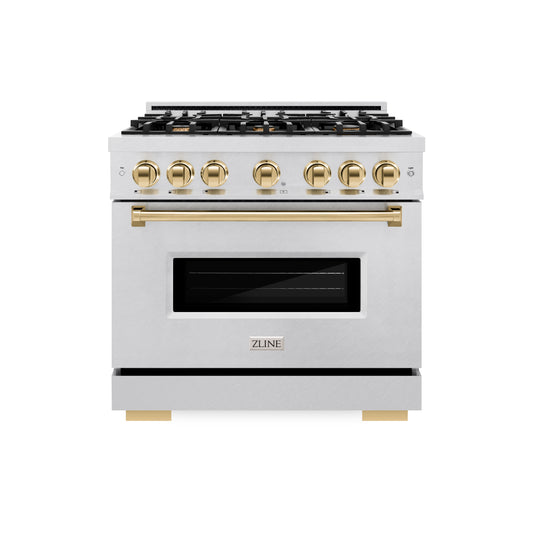 ZLINE Autograph Edition 36 in. 5.2 cu. ft. Classic Gas Range with 6 Burner Cooktop and Convection Gas Oven in DuraSnow® Stainless Steel and Polished Gold Accents (CGRSZ-36-G)