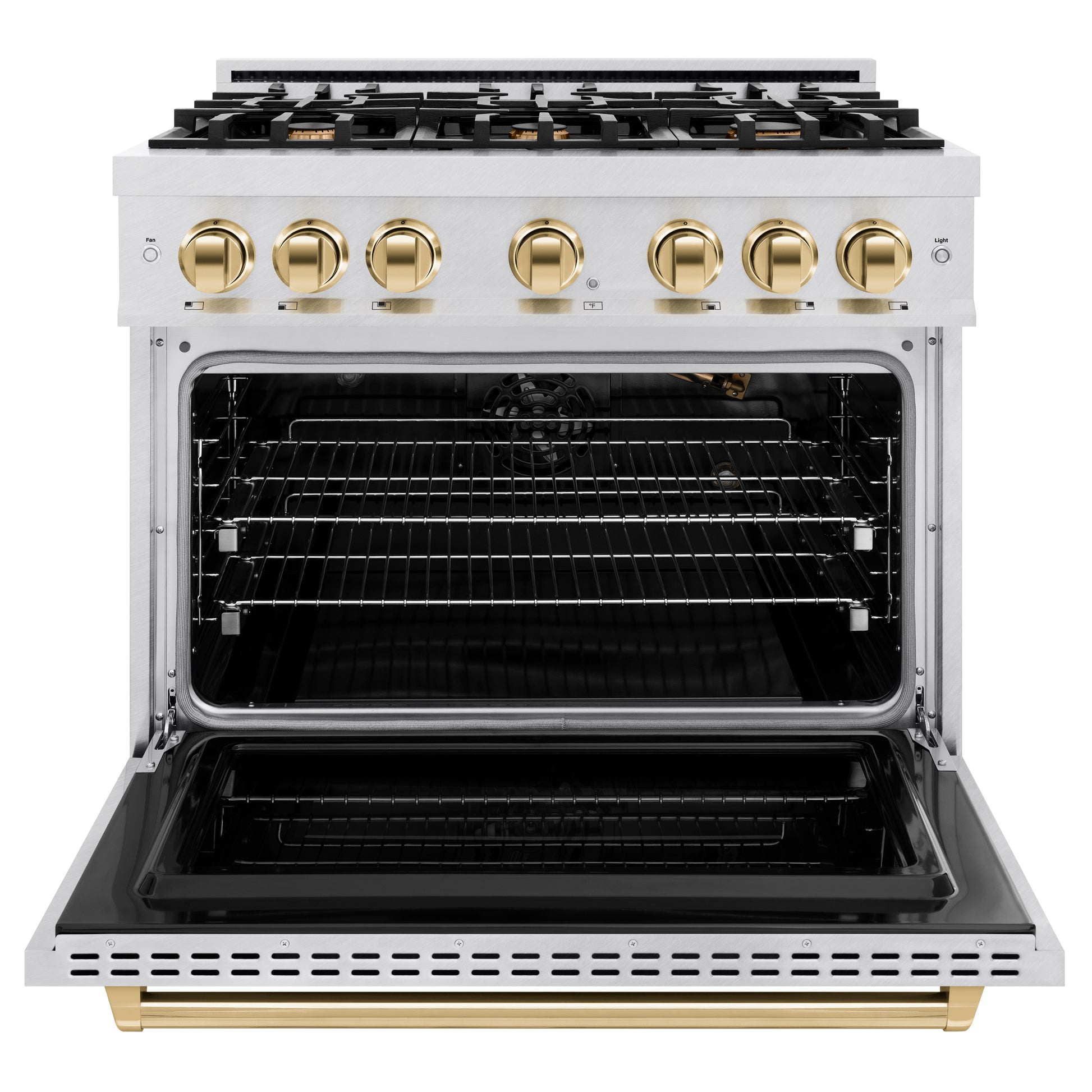 ZLINE Autograph Edition 36 in. 5.2 cu. ft. Classic Gas Range with 6 Burner Cooktop and Convection Gas Oven in DuraSnow® Stainless Steel and Polished Gold Accents (CGRSZ-36-G) front, open.