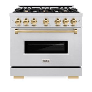 ZLINE Autograph Edition 36 in. 5.2 cu. ft. Classic Gas Range with 6 Burner Cooktop and Convection Gas Oven in DuraSnow® Stainless Steel and Polished Gold Accents (CGRSZ-36-G)