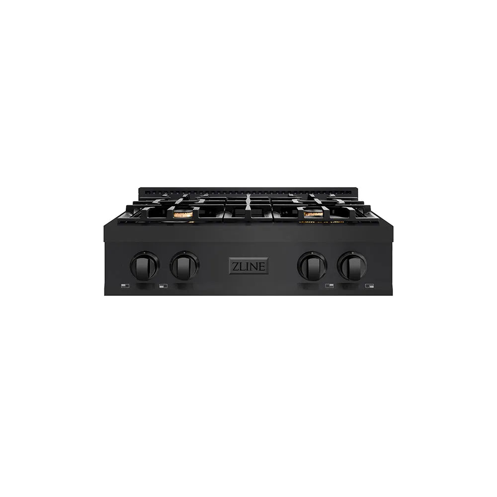 ZLINE 30 in. Classic Gas Rangetop with 4 Brass Burners and Porcelain Cooktop in Black Stainless Steel (RTB-BR-30) main image.