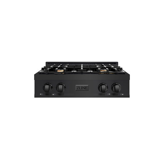 ZLINE 30 in. Classic Gas Rangetop with 4 Brass Burners and Porcelain Cooktop in Black Stainless Steel (RTB-BR-30) main image.