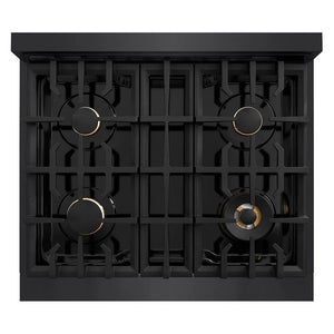 ZLINE 30 in. Classic Gas Rangetop with 4 Brass Burners and Porcelain Cooktop in Black Stainless Steel (RTB-BR-30) top-down, above cooking surface.