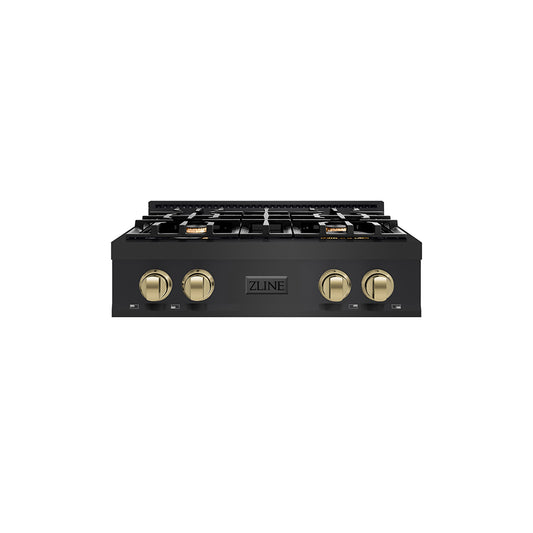 ZLINE Autograph Edition 30 in. Legacy Gas Rangetop with 4 Burners and Porcelain Cooktop in Black Stainless Steel with Champagne Bronze Accents (RTBZ-30-CB)