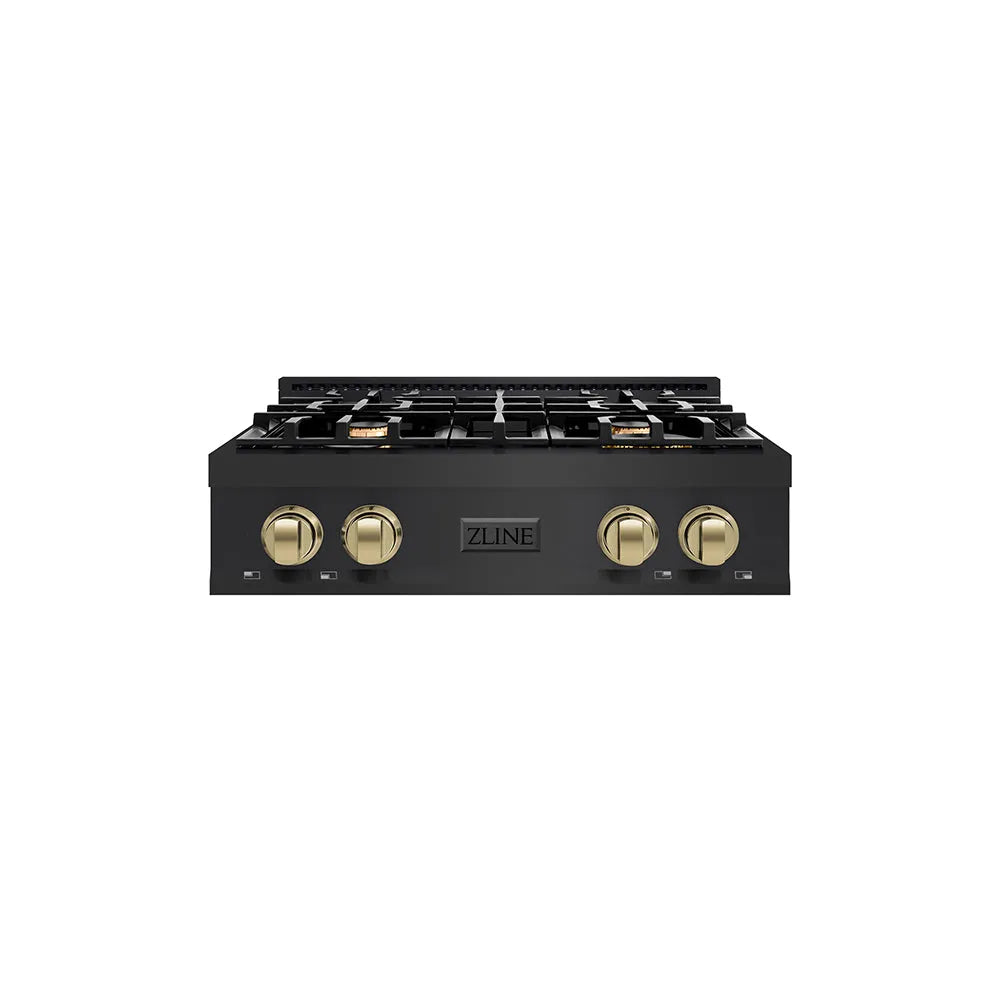 ZLINE Autograph Edition 30 in. Classic Gas Rangetop with 4 Burners and Porcelain Cooktop in Black Stainless Steel with Champagne Bronze Accents (RTBZ-30-CB) main image.