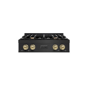 ZLINE Autograph Edition 30 in. Classic Gas Rangetop with 4 Burners and Porcelain Cooktop in Black Stainless Steel with Champagne Bronze Accents (RTBZ-30-CB) main image.