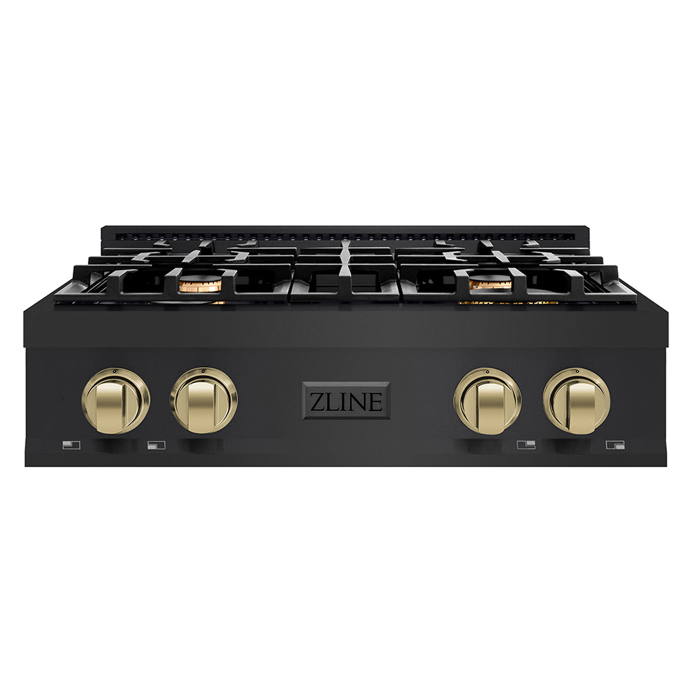 ZLINE Autograph Edition 30 in. Legacy Gas Rangetop with 4 Burners and Porcelain Cooktop in Black Stainless Steel with Champagne Bronze Accents (RTBZ-30-CB)