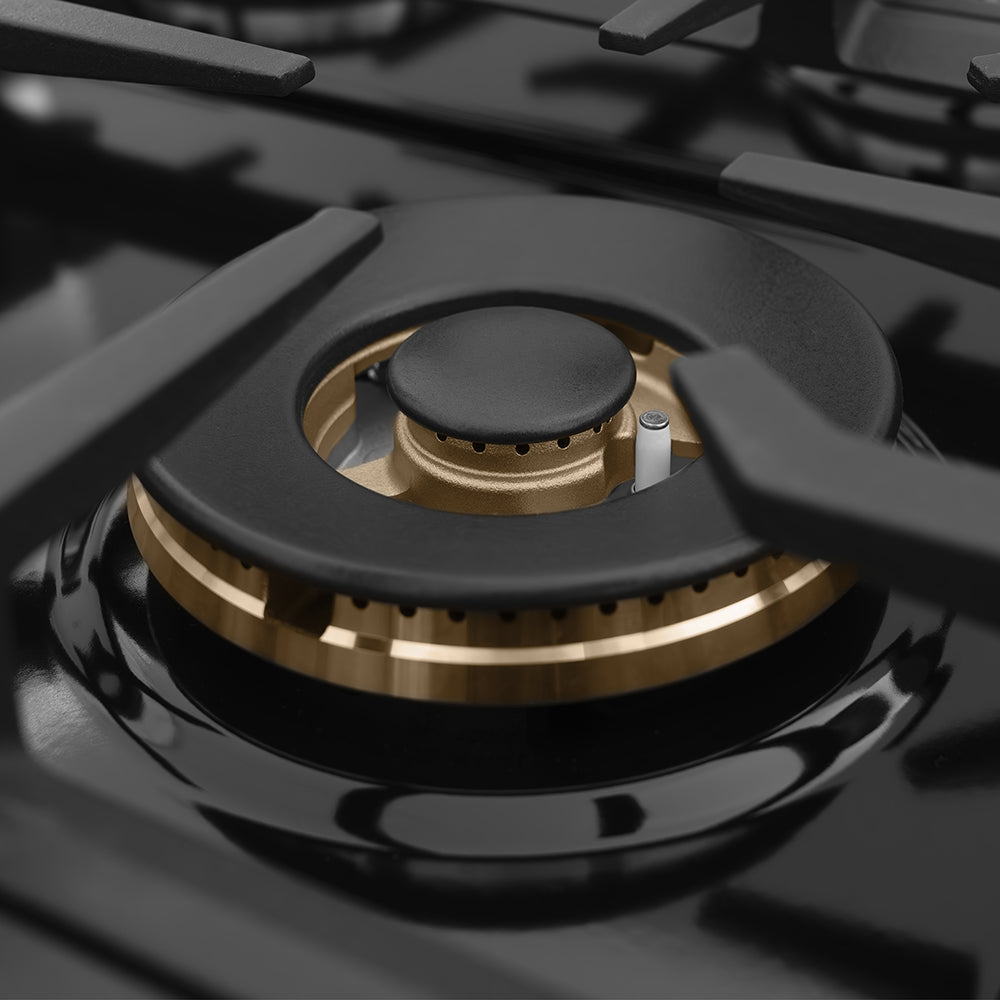ZLINE Autograph Edition 30 in. Classic Gas Rangetop with 4 Burners and Porcelain Cooktop in Black Stainless Steel with Polished Gold Accents (RTBZ-30-G) close-up, large gas burner.