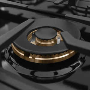 ZLINE Autograph Edition 30 in. Classic Gas Rangetop with 4 Burners and Porcelain Cooktop in Black Stainless Steel with Polished Gold Accents (RTBZ-30-G) close-up, large gas burner.