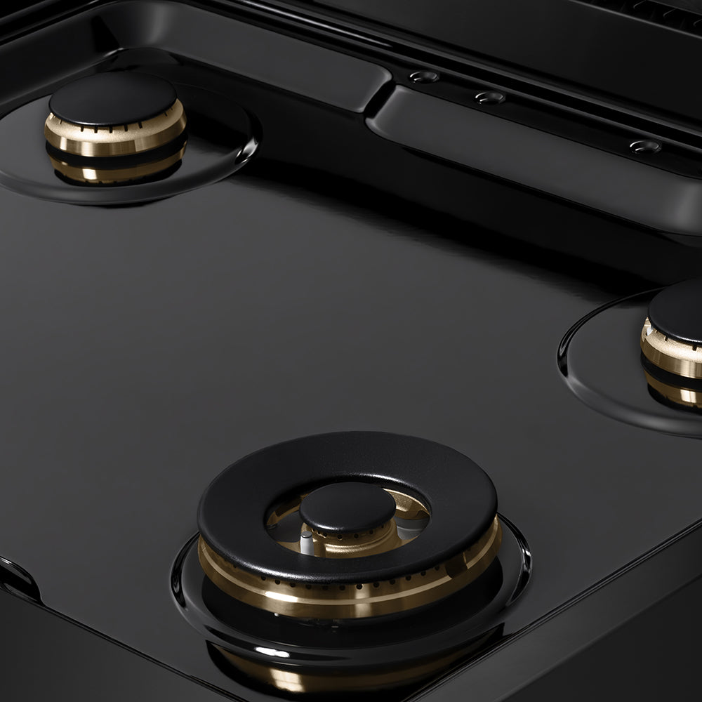 ZLINE Autograph Edition 30 in. Classic Gas Rangetop with 4 Burners and Porcelain Cooktop in Black Stainless Steel with Polished Gold Accents (RTBZ-30-G) close-up, black porcelain cooktop without grates.