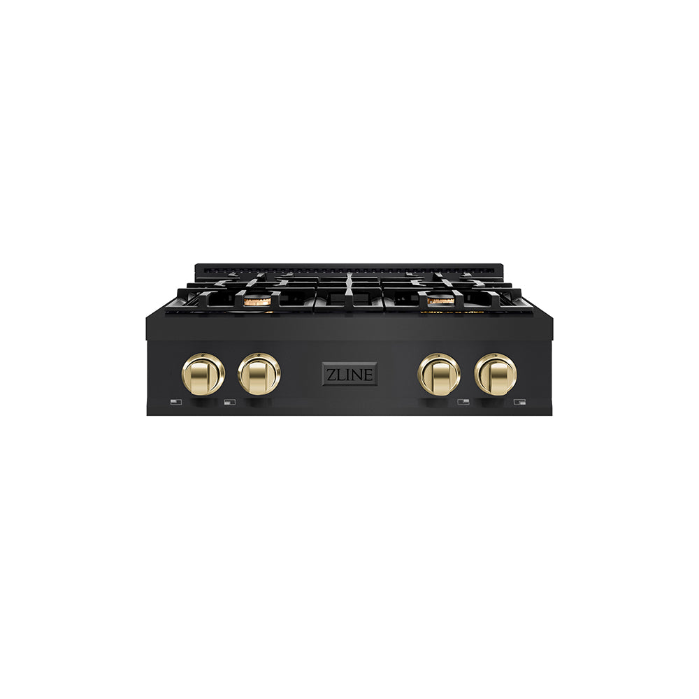 ZLINE Autograph Edition 30 in. Classic Gas Rangetop with 4 Burners and Porcelain Cooktop in Black Stainless Steel with Polished Gold Accents (RTBZ-30-G) main image.