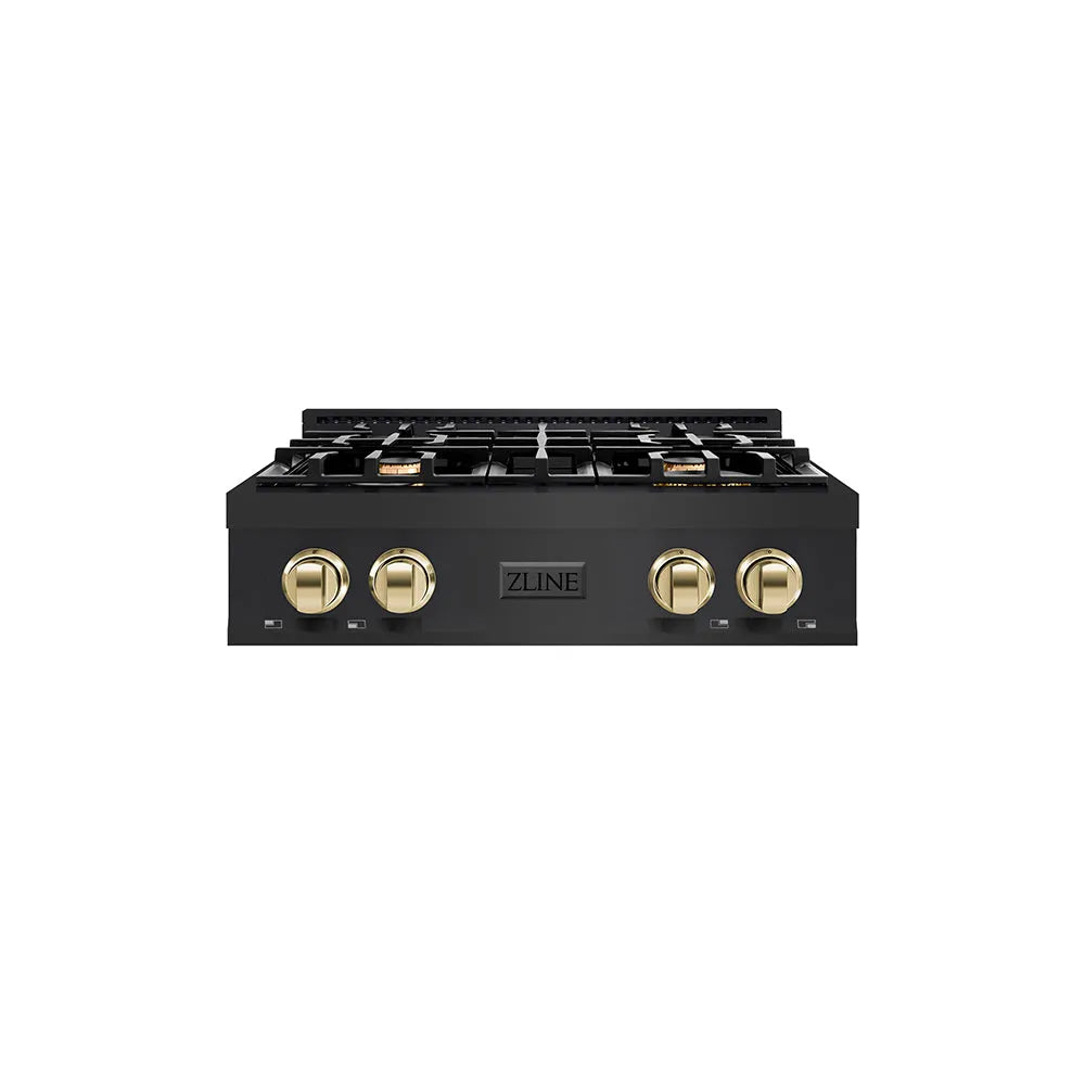 ZLINE Autograph Edition 30 in. Classic Gas Rangetop with 4 Burners and Porcelain Cooktop in Black Stainless Steel with Polished Gold Accents (RTBZ-30-G) main image.