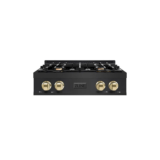 ZLINE Autograph Edition 30 in. Classic Gas Rangetop with 4 Burners and Porcelain Cooktop in Black Stainless Steel with Polished Gold Accents (RTBZ-30-G) main image.