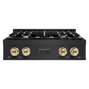 ZLINE Autograph Edition 30 in. Classic Gas Rangetop with 4 Burners and Porcelain Cooktop in Black Stainless Steel with Polished Gold Accents (RTBZ-30-G) front.