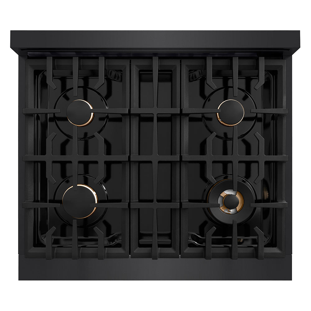 ZLINE Autograph Edition 30 in. Classic Gas Rangetop with 4 Burners and Porcelain Cooktop in Black Stainless Steel with Polished Gold Accents (RTBZ-30-G) top-down, above cooking surface.