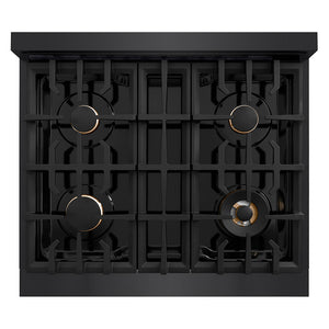 ZLINE Autograph Edition 30 in. Classic Gas Rangetop with 4 Burners and Porcelain Cooktop in Black Stainless Steel with Polished Gold Accents (RTBZ-30-G) top-down, above cooking surface.