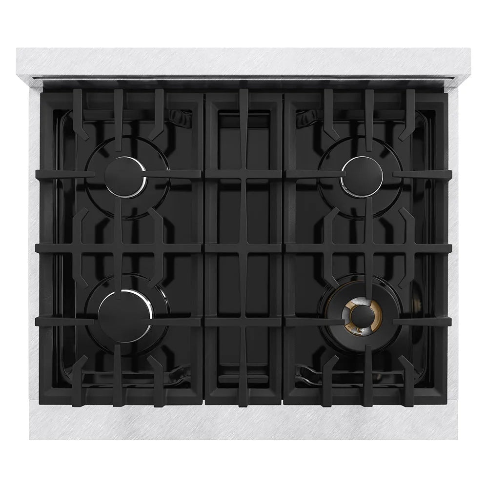 ZLINE 30 in. Classic Gas Rangetop with 4 Burners and Porcelain Cooktop in Satin Stainless Steel (RTS-30) top-down, above cooking surface.