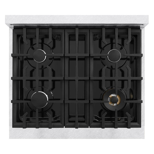 ZLINE 30 in. Classic Gas Rangetop with 4 Burners and Porcelain Cooktop in Satin Stainless Steel (RTS-30) top-down, above cooking surface.