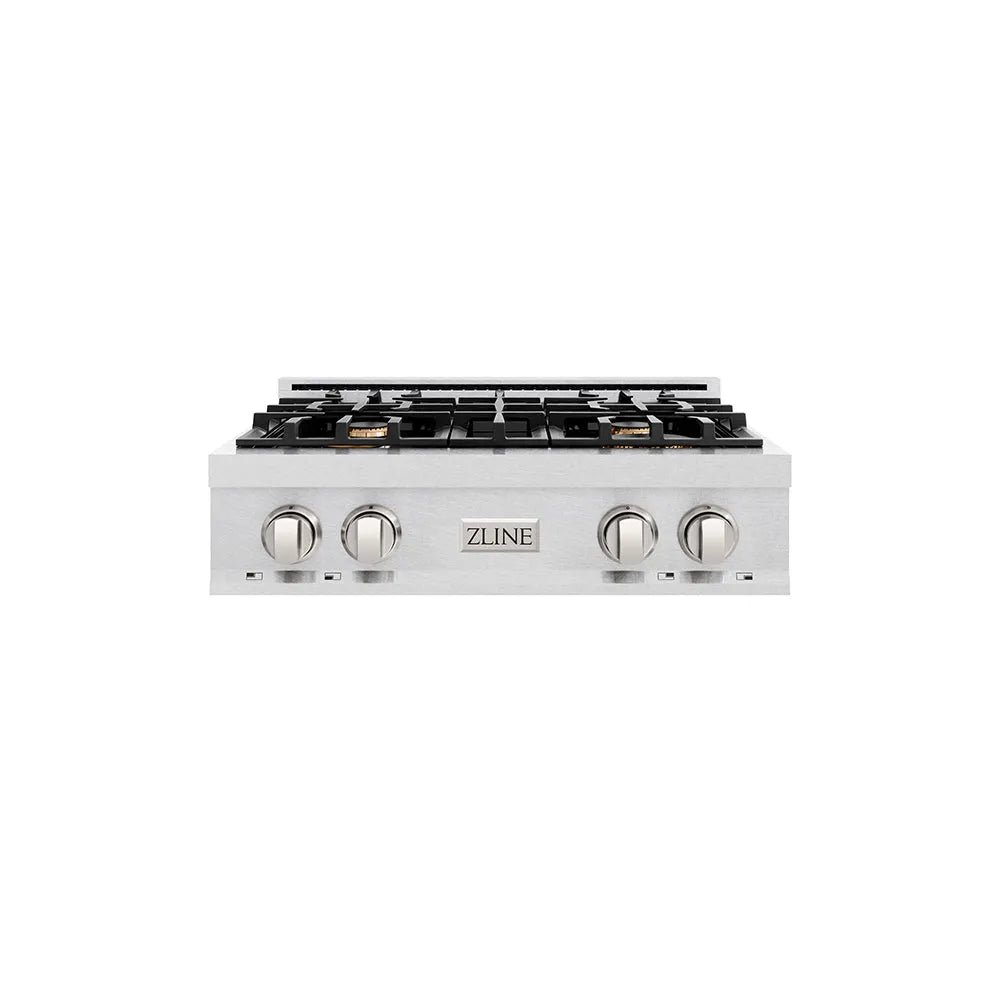 ZLINE 30 in. Classic Gas Rangetop with 4 Brass Burners and Porcelain Cooktop in Satin Stainless Steel (RTS-BR-30) main image.