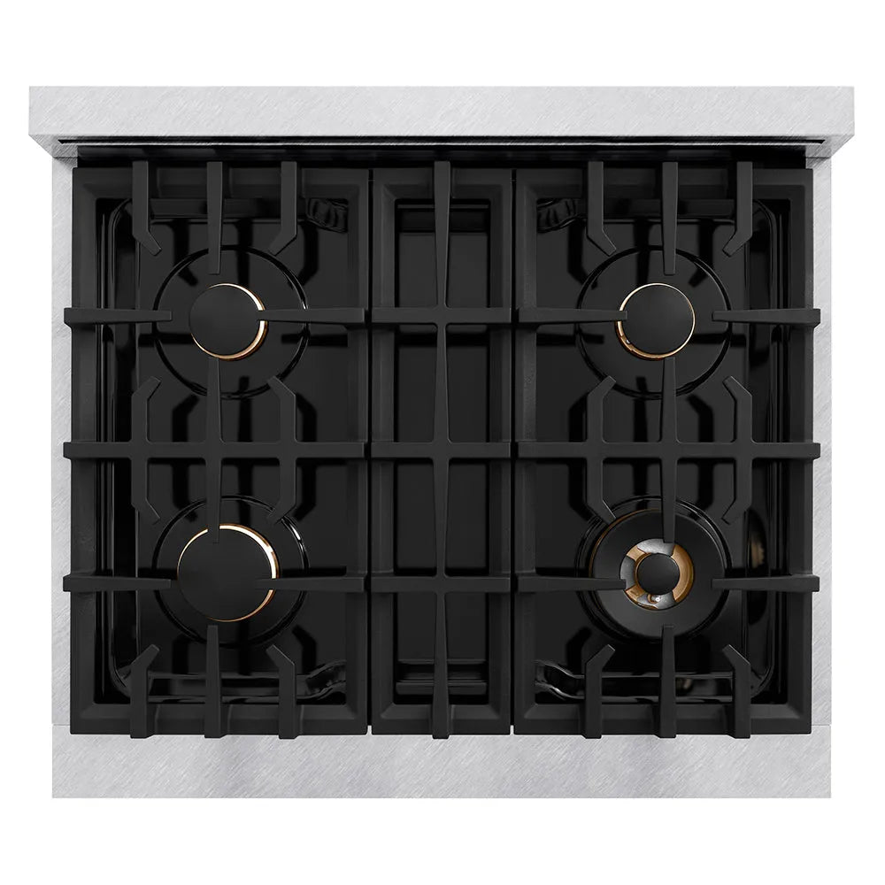 ZLINE 30 in. Classic Gas Rangetop with 4 Brass Burners and Porcelain Cooktop in Satin Stainless Steel (RTS-BR-30) top-down, above cooking surface.