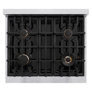 ZLINE 30 in. Classic Gas Rangetop with 4 Brass Burners and Porcelain Cooktop in Satin Stainless Steel (RTS-BR-30) top-down, above cooking surface.