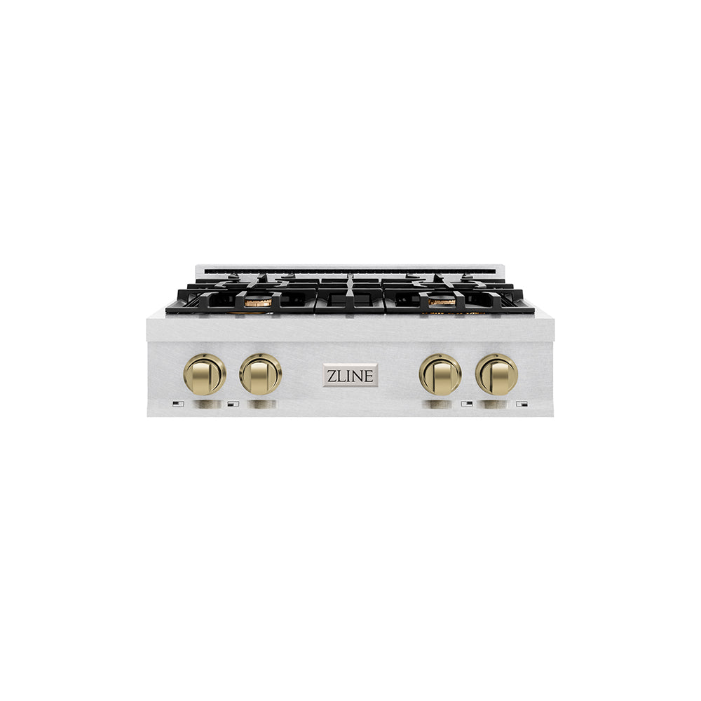 ZLINE Autograph Edition 30 in. Classic Gas Rangetop with 4 Burners and Porcelain Cooktop in Satin Stainless Steel with Champagne Bronze Accents (RTSZ-30-CB)
