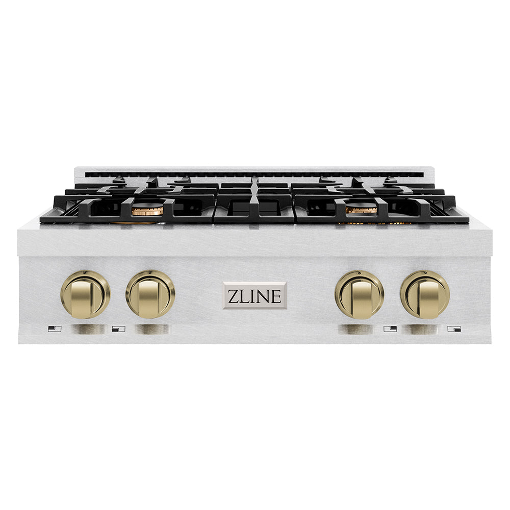 ZLINE Autograph Edition 30 in. Classic Gas Rangetop with 4 Burners and Porcelain Cooktop in Satin Stainless Steel with Champagne Bronze Accents (RTSZ-30-CB)