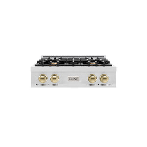 ZLINE Autograph Edition 30 in. Classic Gas Rangetop with 4 Burners and Porcelain Cooktop in Satin Stainless Steel with Polished Gold Accents (RTSZ-30-G)