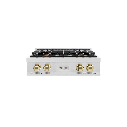 ZLINE Autograph Edition 30 in. Classic Gas Rangetop with 4 Burners and Porcelain Cooktop in Satin Stainless Steel with Polished Gold Accents (RTSZ-30-G) main image.