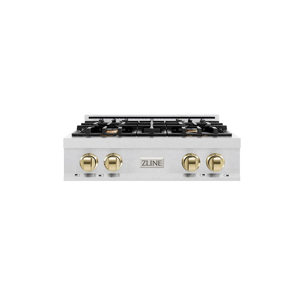 ZLINE Autograph Edition 30 in. Classic Gas Rangetop with 4 Burners and Porcelain Cooktop in Satin Stainless Steel with Polished Gold Accents (RTSZ-30-G) main image.