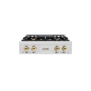 ZLINE Autograph Edition 30 in. Classic Gas Rangetop with 4 Burners and Porcelain Cooktop in Satin Stainless Steel with Polished Gold Accents (RTSZ-30-G) main image.