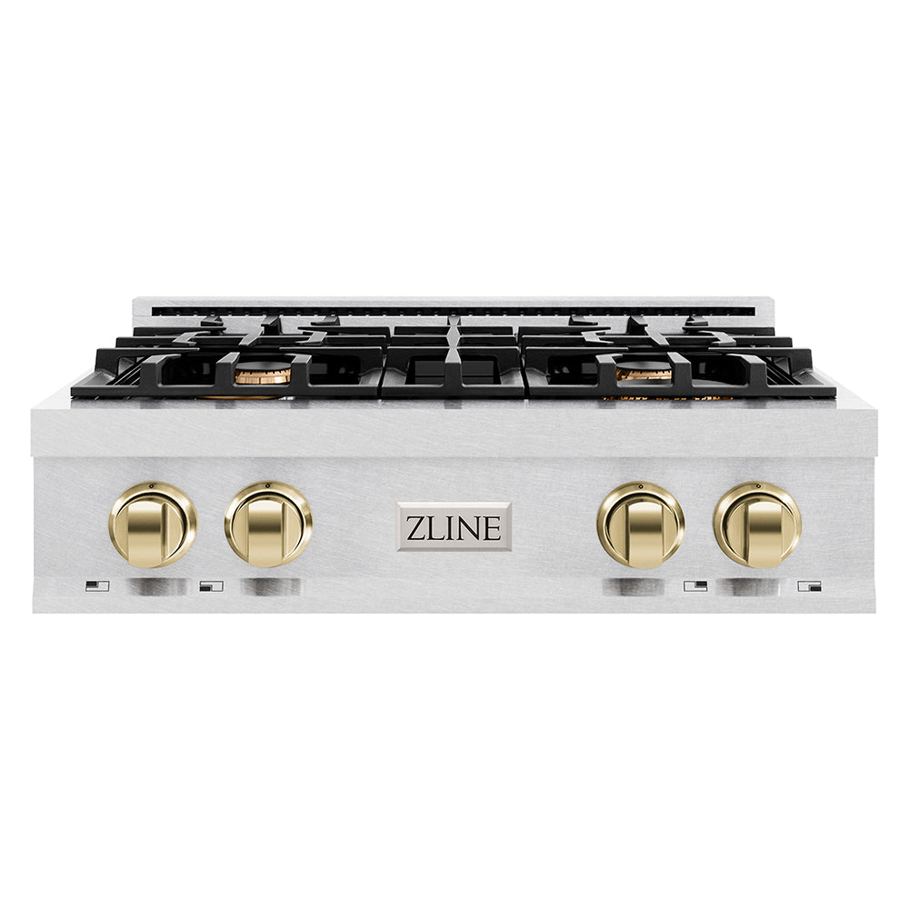 ZLINE Autograph Edition 30 in. Classic Gas Rangetop with 4 Burners and Porcelain Cooktop in Satin Stainless Steel with Polished Gold Accents (RTSZ-30-G)